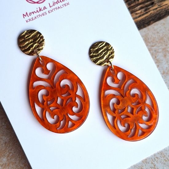 Bild von Ornament-Ohrstecker - Tropfenform aus Resin - flame orange - Stecker Edelstahl gold